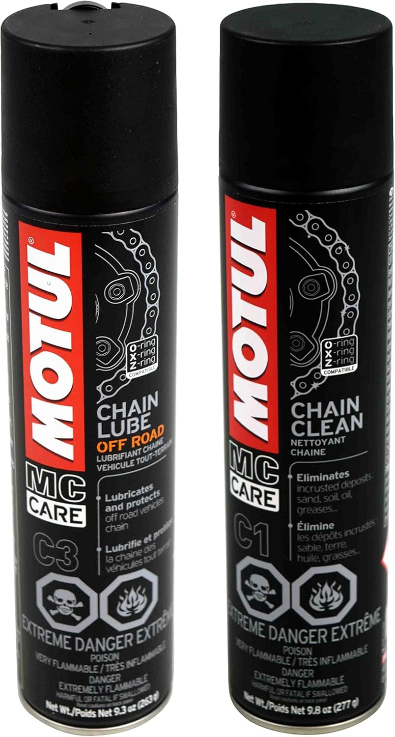 Motul chain cleaner aerosol close-up highlighting spray control and fast-degreasing action