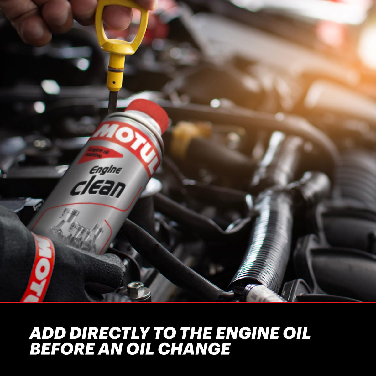 Motul engine clean 300ml next to measuring tape to show compact size benefit