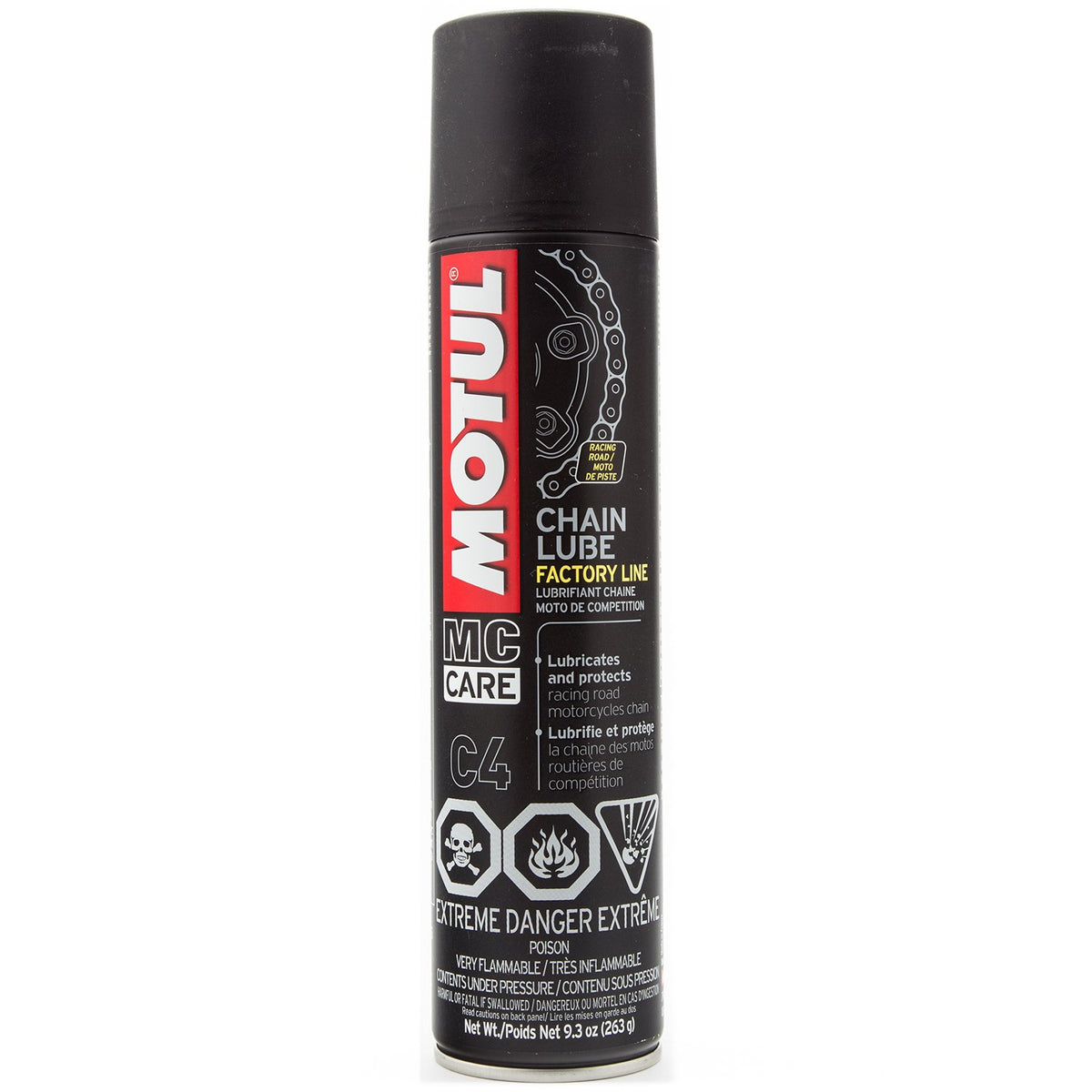 Motul Factory Line aerosol can front view showing label and racing benefit