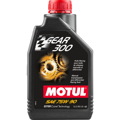 Motul Gear 300 front bottle view showing label and 1L capacity with product benefits