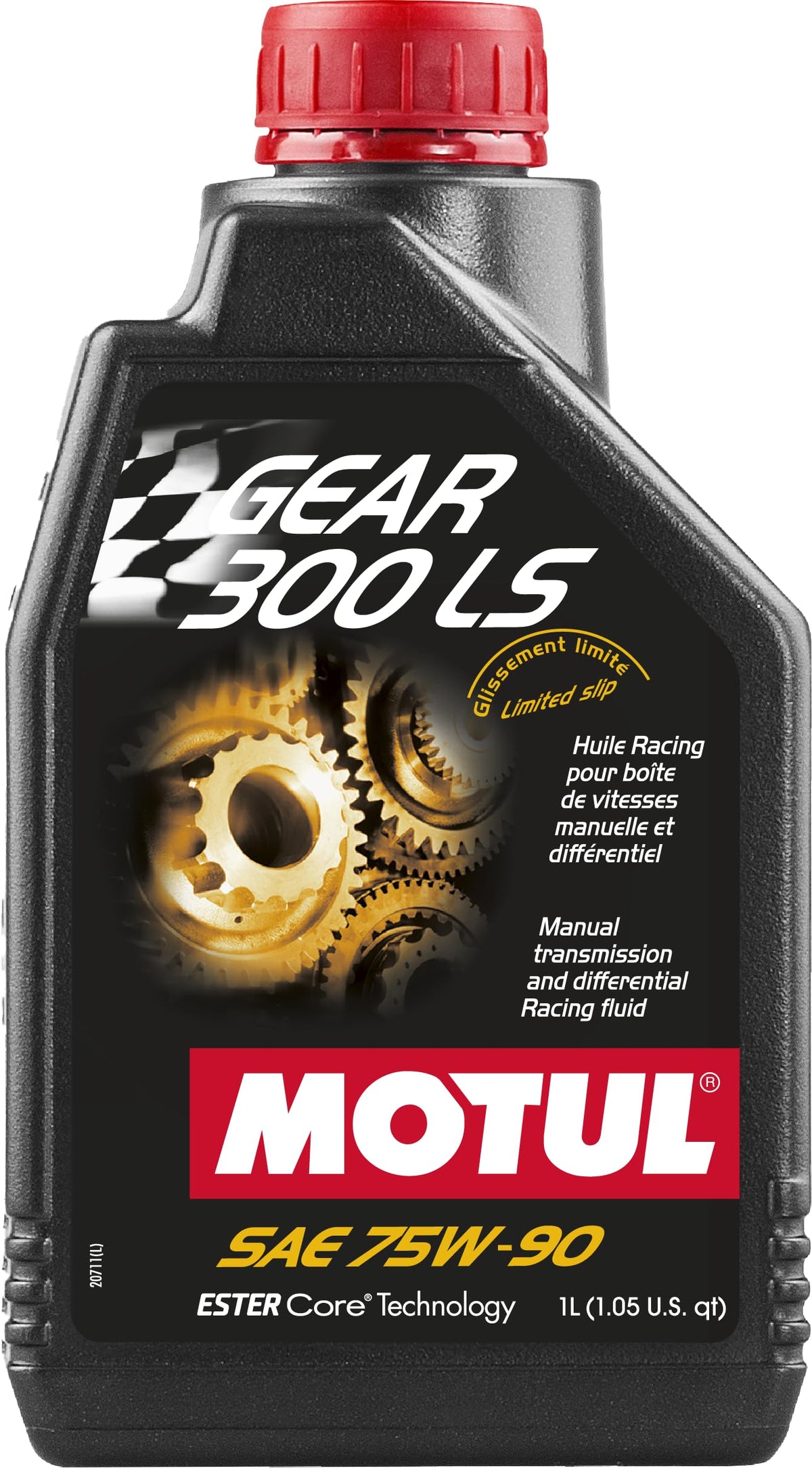 Motul Gear 300 LS 75W90 front bottle shot showing label and racing use benefits