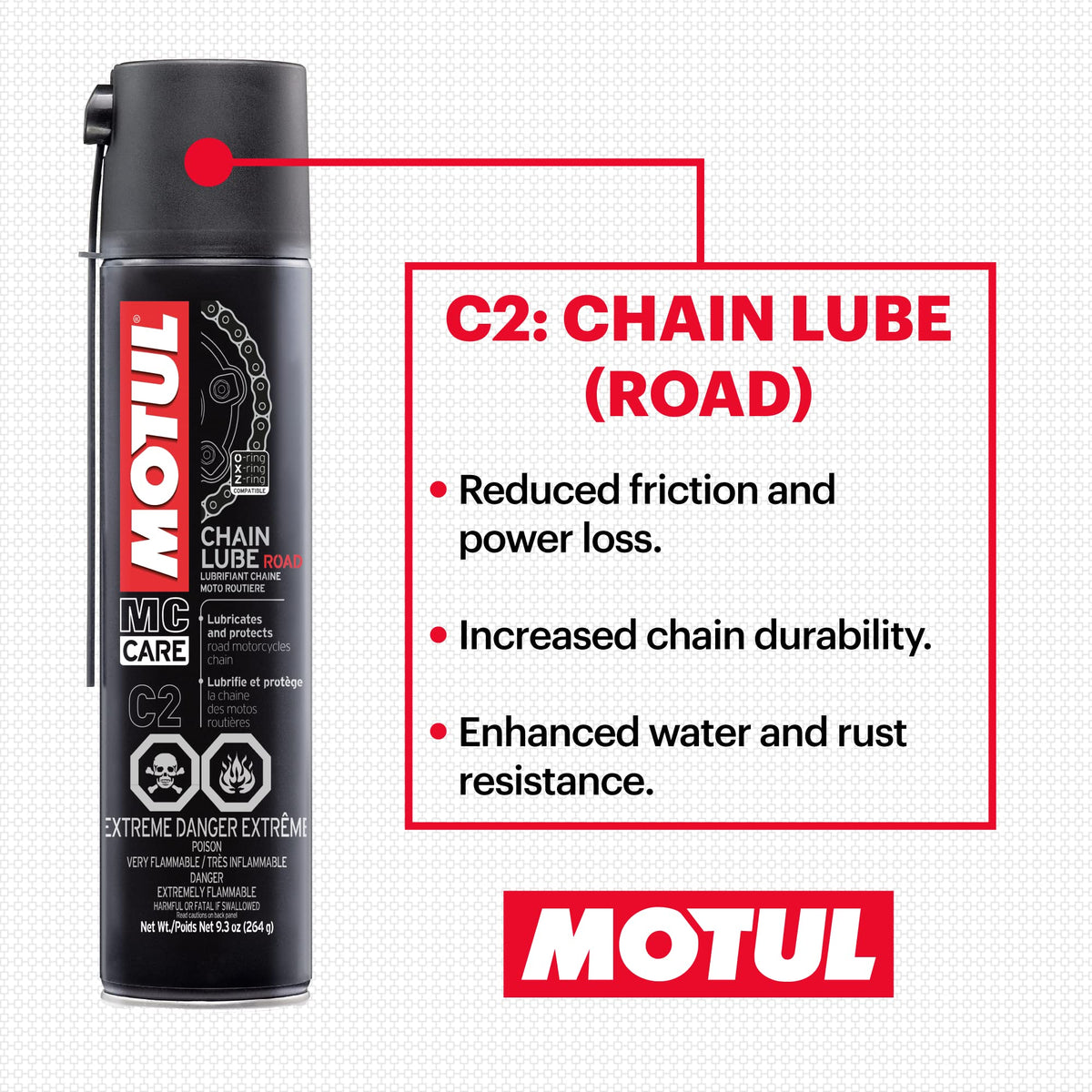 Motul kit in use cleaning a motorcycle chain, demonstrates easier maintenance and reduced wear