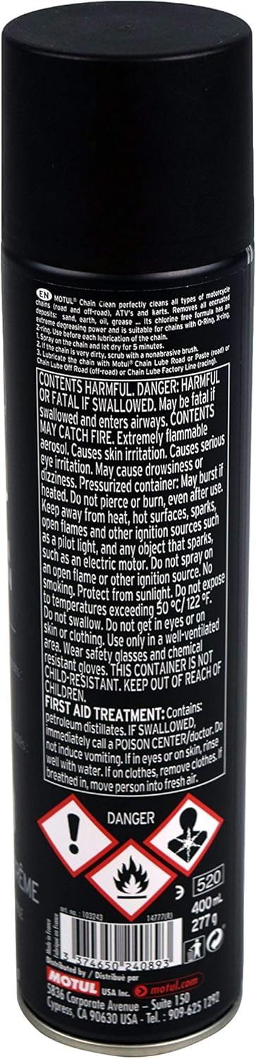 Motul lubricant applied to chain link demonstrating long-lasting protection and adhesion