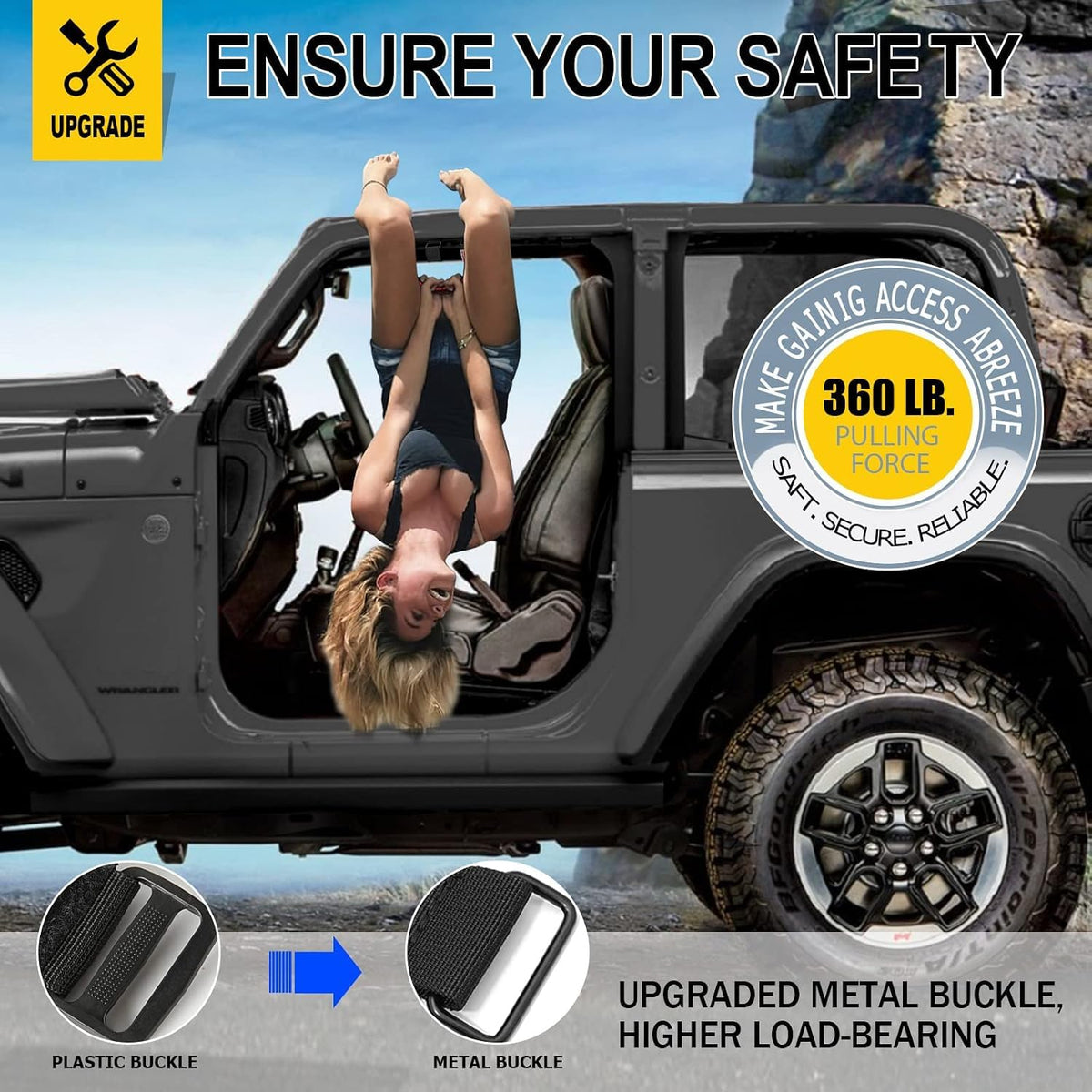 moveland metal buckle detail demonstrating 360 lbs rated strength