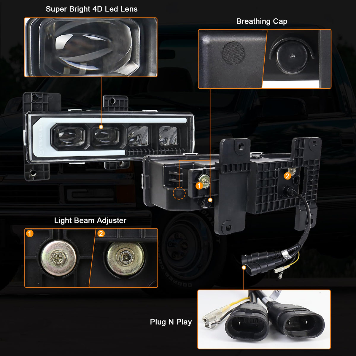 MOVOTOR nighttime beam pattern showing focused roadway illumination and reduced dark spots