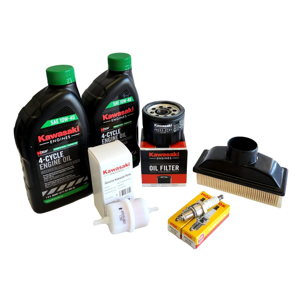 MowerTek kit front packaging showing components for quick, complete Kawasaki tune-up