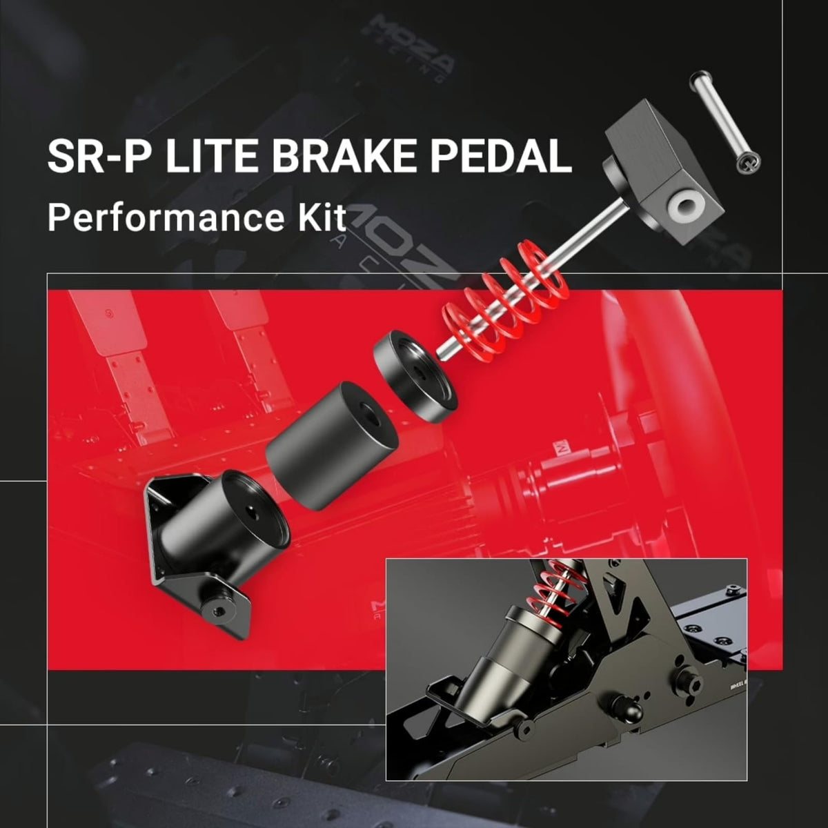 MOZA kit displayed on a sim rig conveying realistic braking feedback