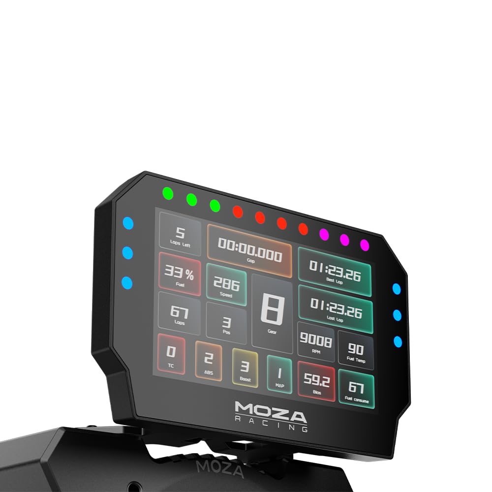 MOZA CM2 touchscreen close-up showing responsive controls and crisp metrics