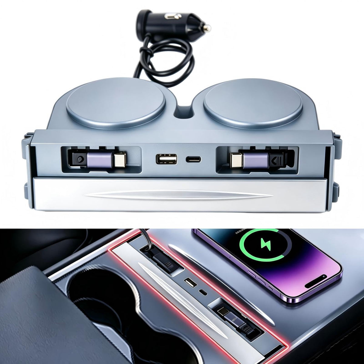 MPFO hub front console installed, seamless OEM look and tidy charging