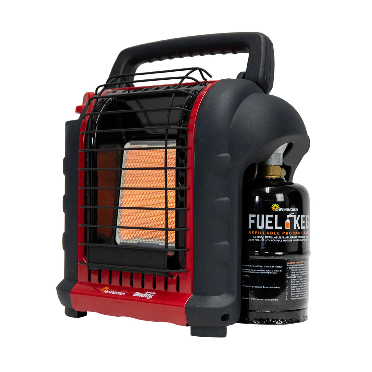 Mr Heater Portable Buddy front view showing compact radiant heater and benefit of focused warmth