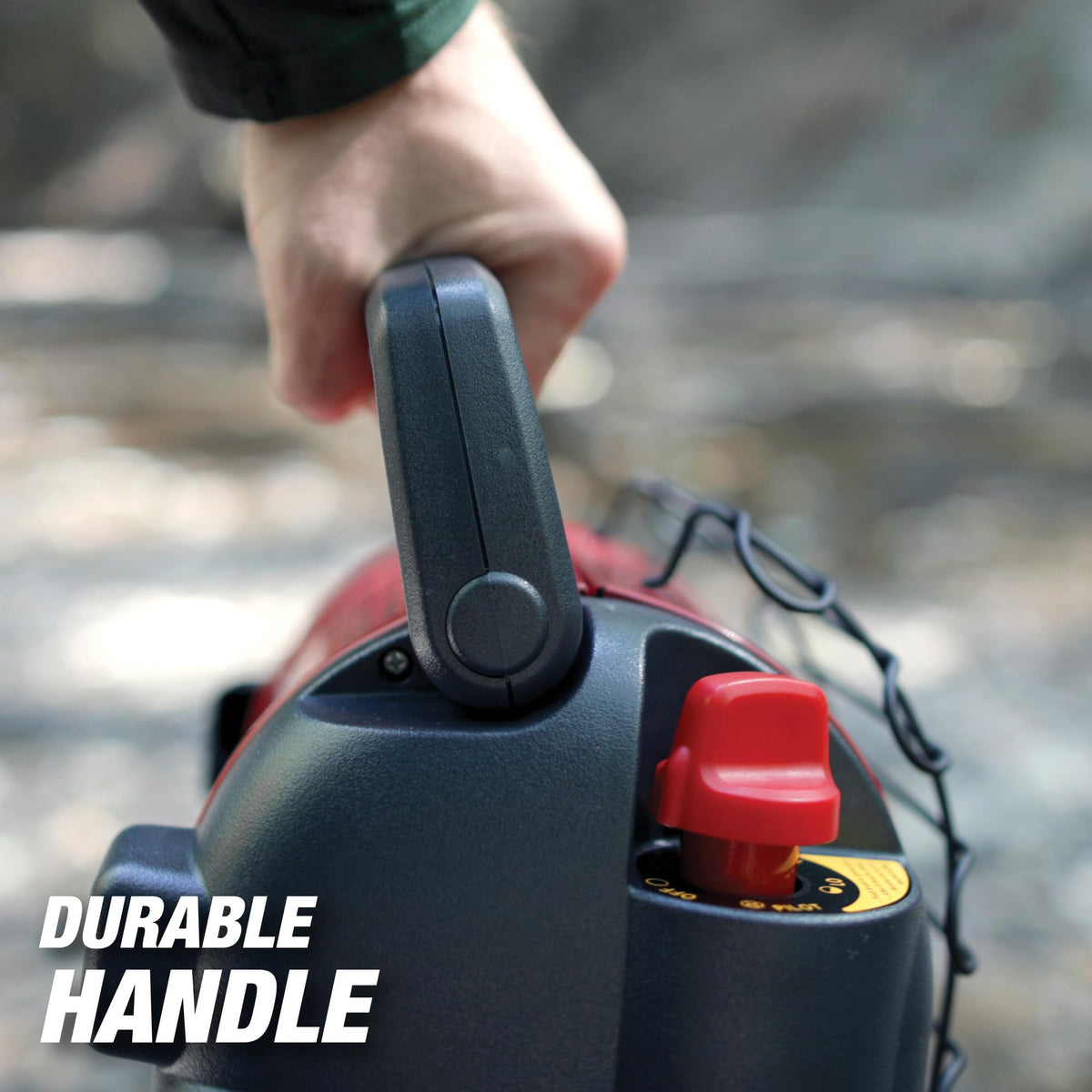 Mr Heater next to a backpack conveying compact size and easy transport benefit