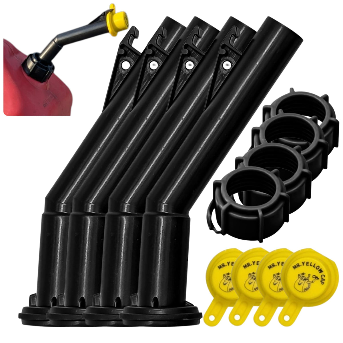 Mr. Yellow Cap front view of 4-pack kit showing complete old-style spout set and benefit of replacement