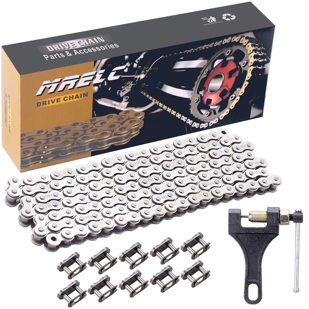 MRELC front packaging showing full 420 chain kit and quick identification benefit