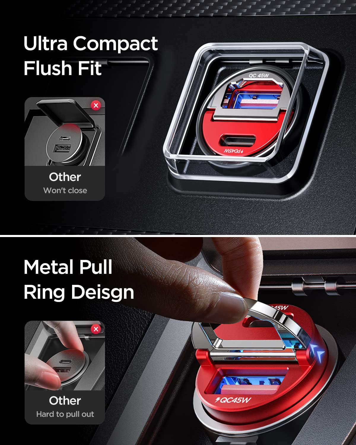 MRGLAS dual ports top view showing PD45W and QC45W outputs for fast charging
