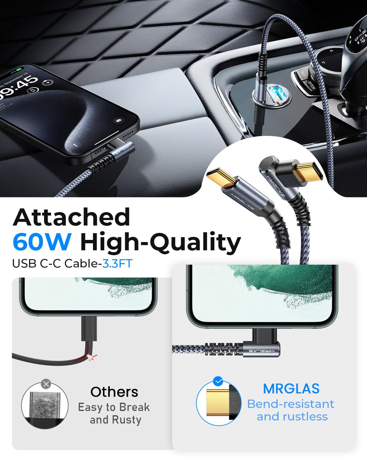MRGLAS in-car charging with phone connected demonstrating fast charging benefit