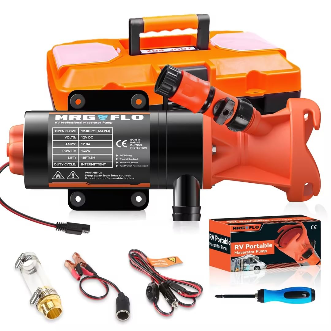 MRGVFLO front view of macerator pump showing compact design and easy hookup benefit