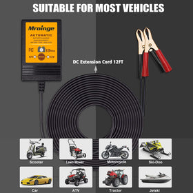 Mroinge charger with 12ft cord showing reach to battery for flexible placement benefits