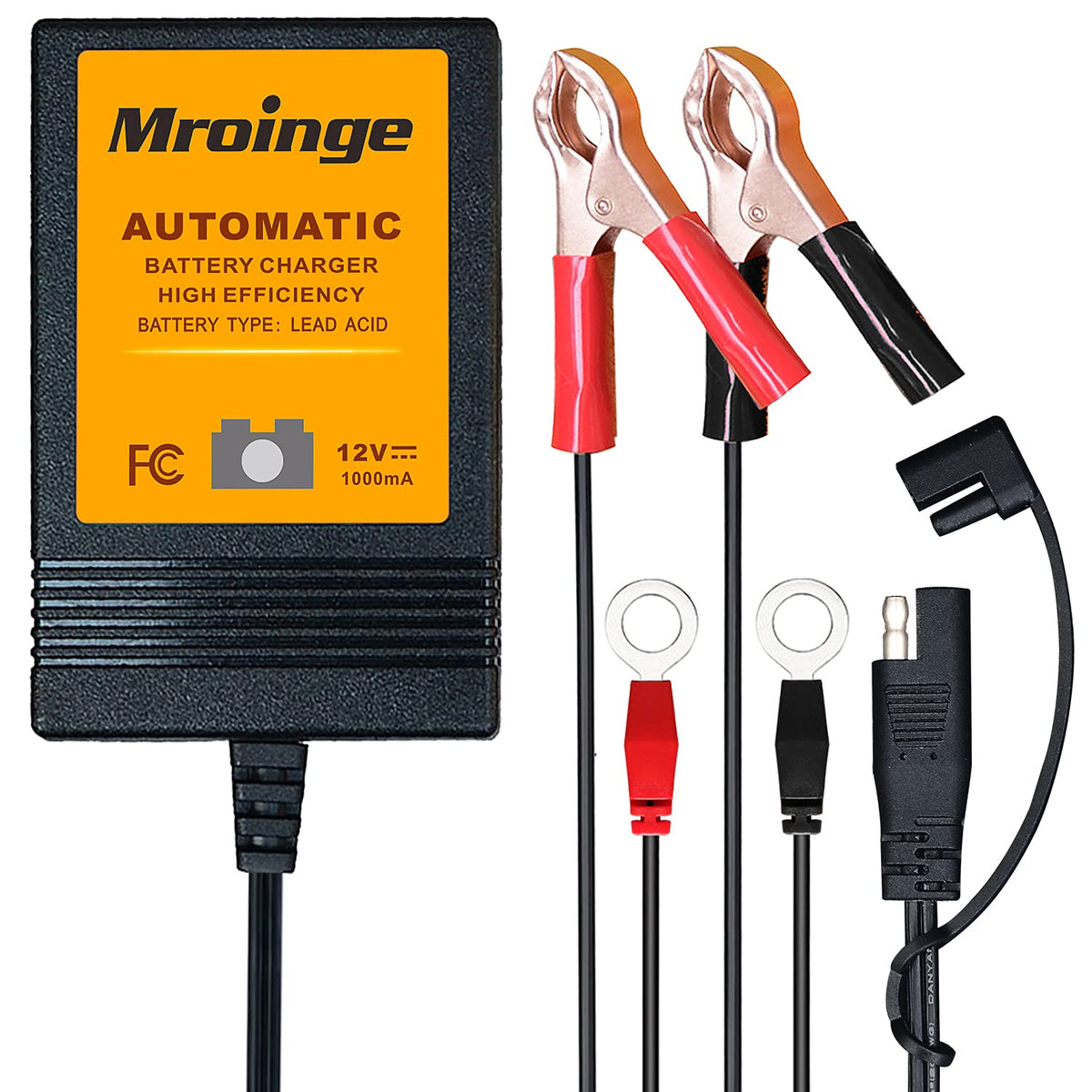 Mroinge charger front view showing compact housing and connectors for reliable maintenance