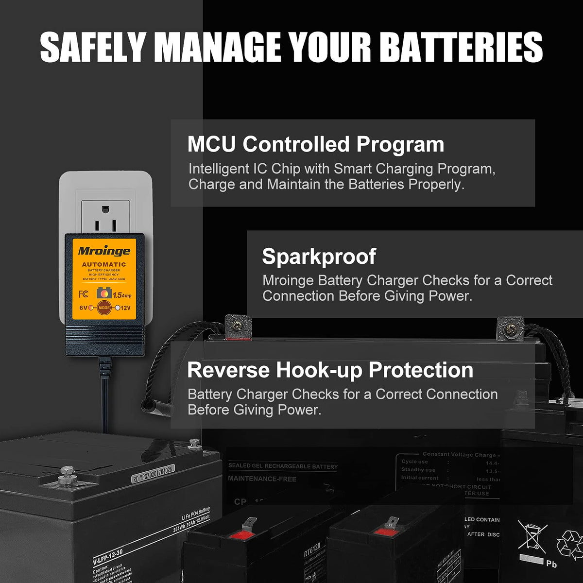 Mroinge connected to motorcycle battery demonstrating safe maintenance charging benefit