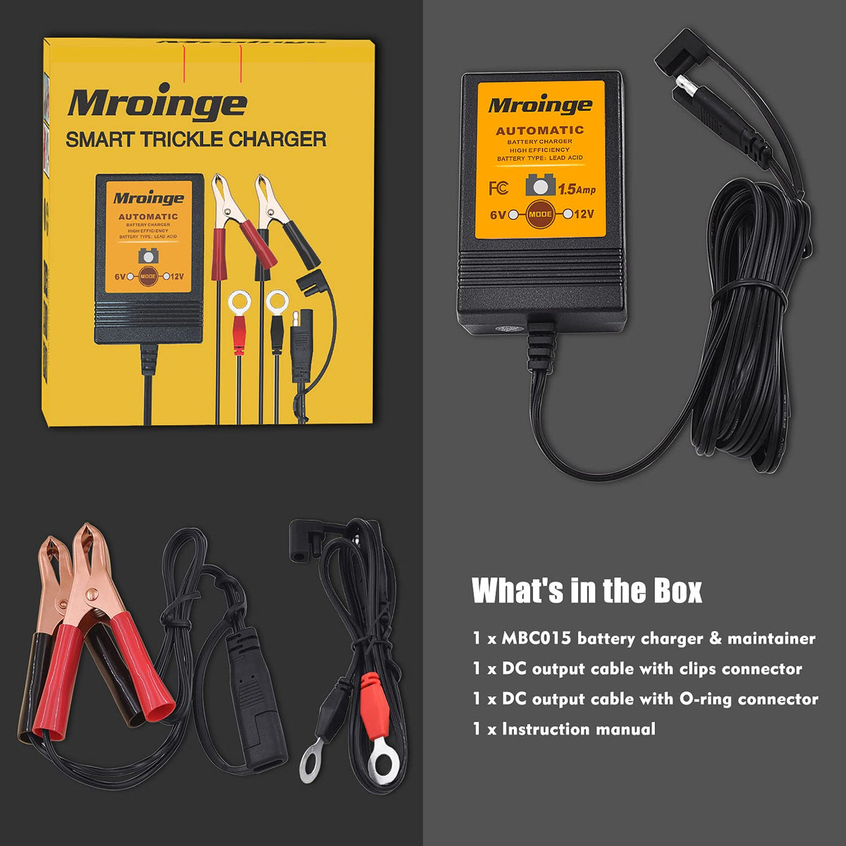 Mroinge charger in garage next to lawn mower illustrating convenient seasonal maintenance