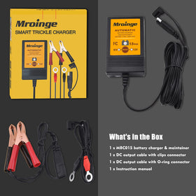 Mroinge charger in garage next to lawn mower illustrating convenient seasonal maintenance