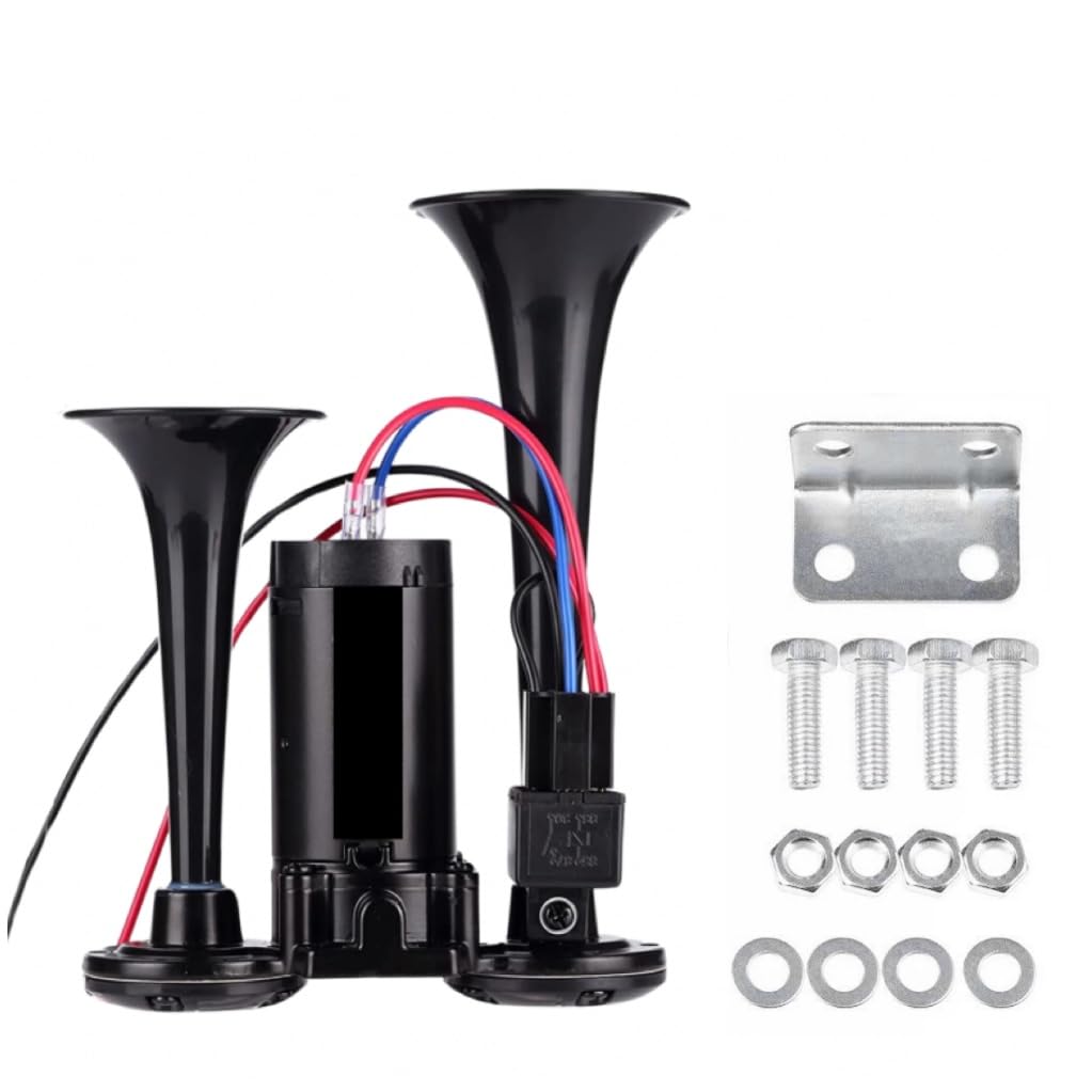 Mroy mio front view of packed air horn kit showing complete components and quick install benefit
