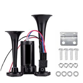 Mroy mio front view of packed air horn kit showing complete components and quick install benefit