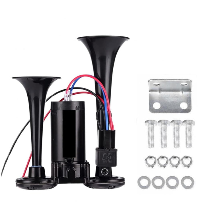 Mroy mio front view of packed air horn kit showing complete components and quick install benefit