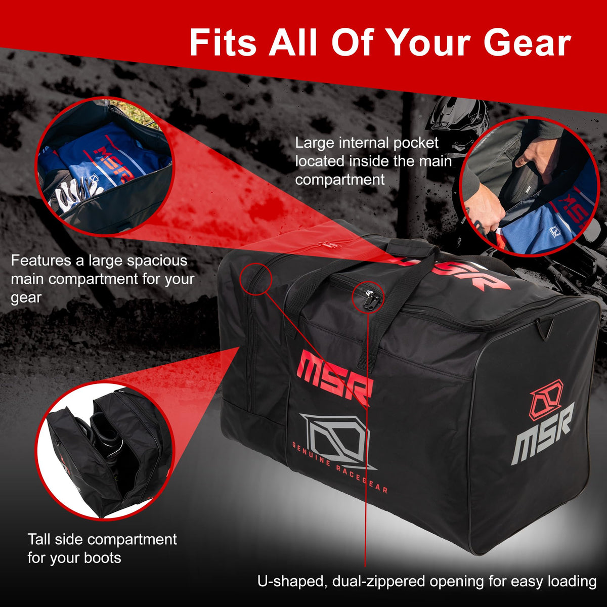 MSR gear bag open wide mouth showing YKK zipper for easy packing