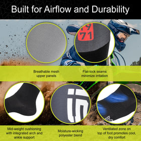 MSR Moto sock on rider leg illustrating extra-tall coverage and protection