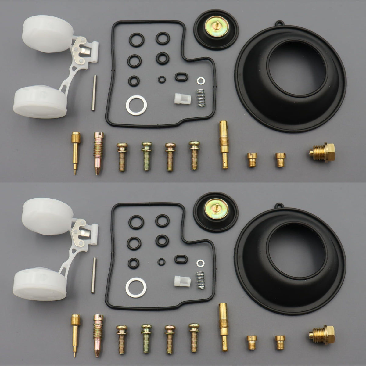 MTCCARB front packaging showing full two-carburetor rebuild kit, clear parts layout and fitment