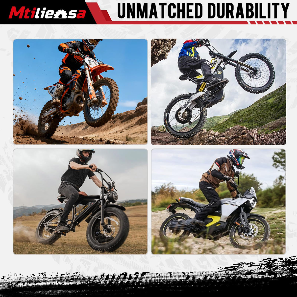 Mtilieosa mounted on a mini dirt bike in off-road setting for trail-ready traction