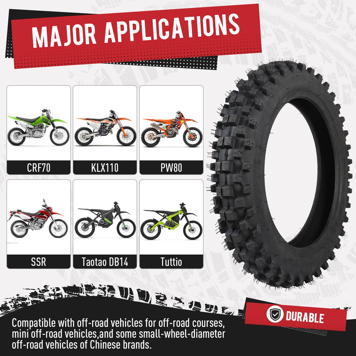 Mtilieosa tire beside a ruler showing size comparison for accurate fit confirmation