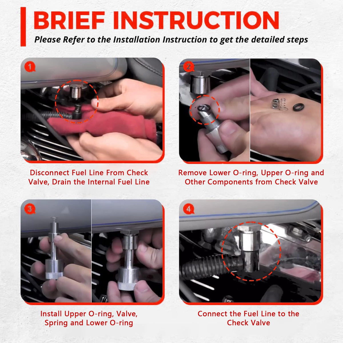 MTO-JQ tool engaged on a Harley fuel line illustrating safe removal