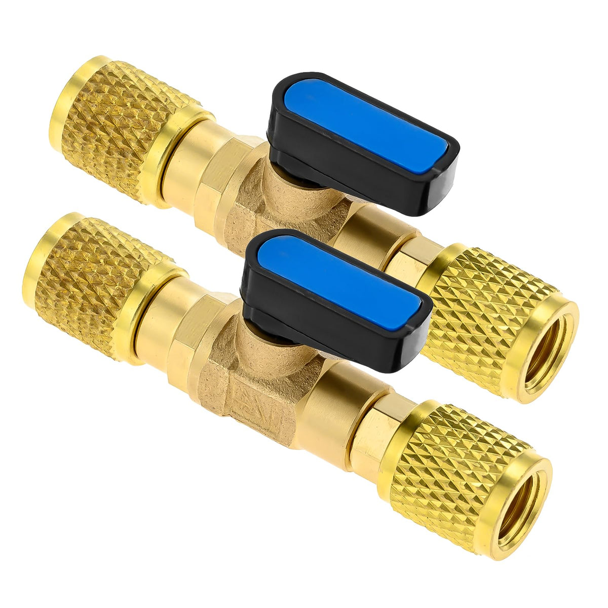Mtsooning front view of two brass ball valve adapters showing compact design and durability