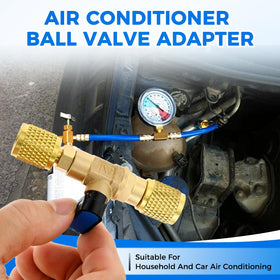 Mtsooning adapter connected to an AC manifold gauge demonstrating secure service use