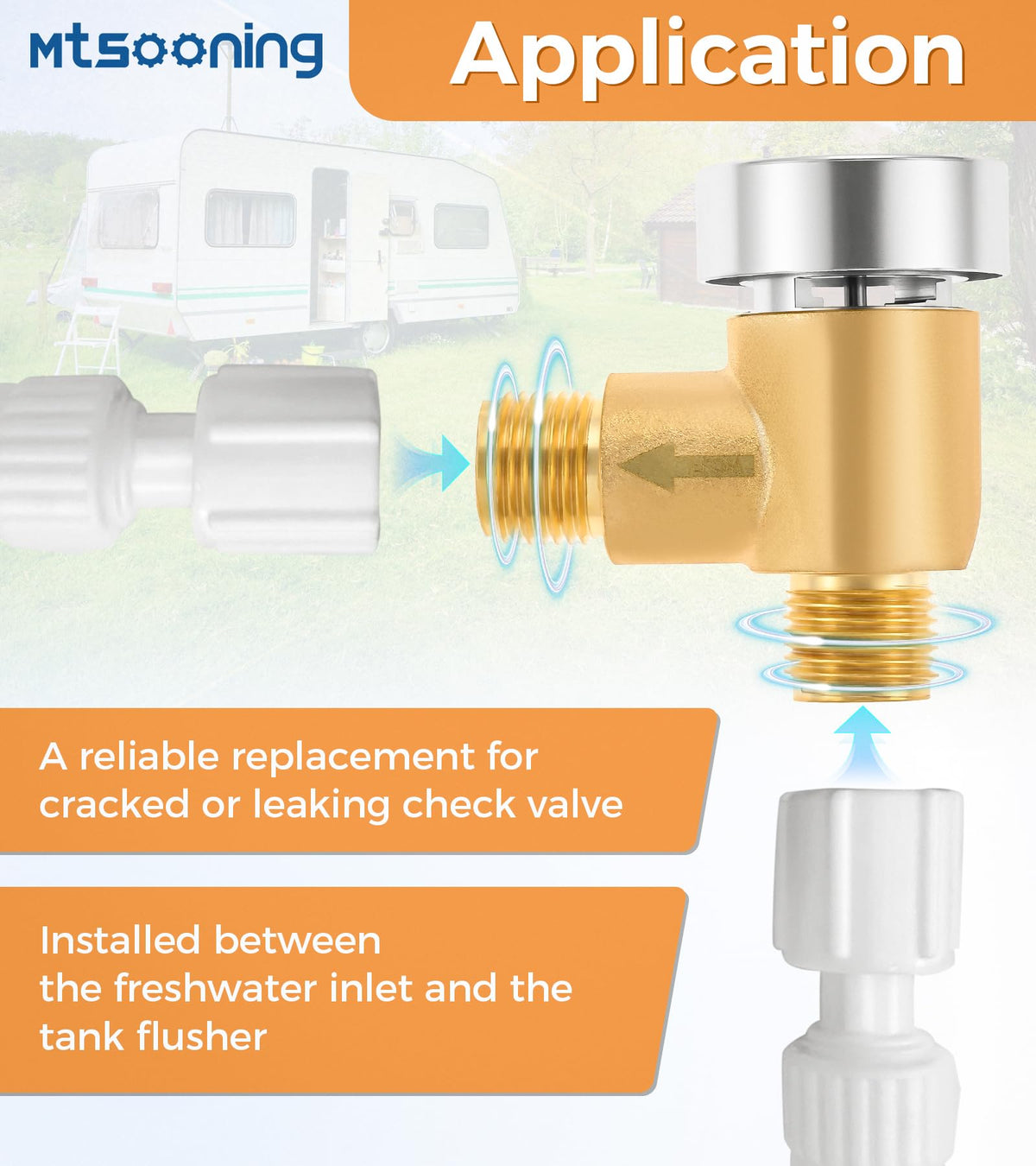 Mtsooning valve installed in RV plumbing bay protecting freshwater during flush