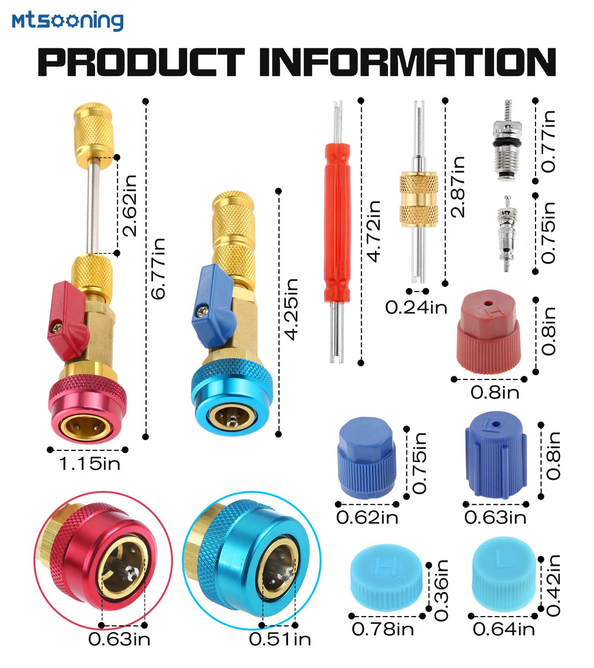 Mtsooning valve cores and service caps laid out for ready replacements benefit
