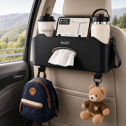 Mu&Ti front view of back seat organizer showing pockets and cup holders for tidy storage