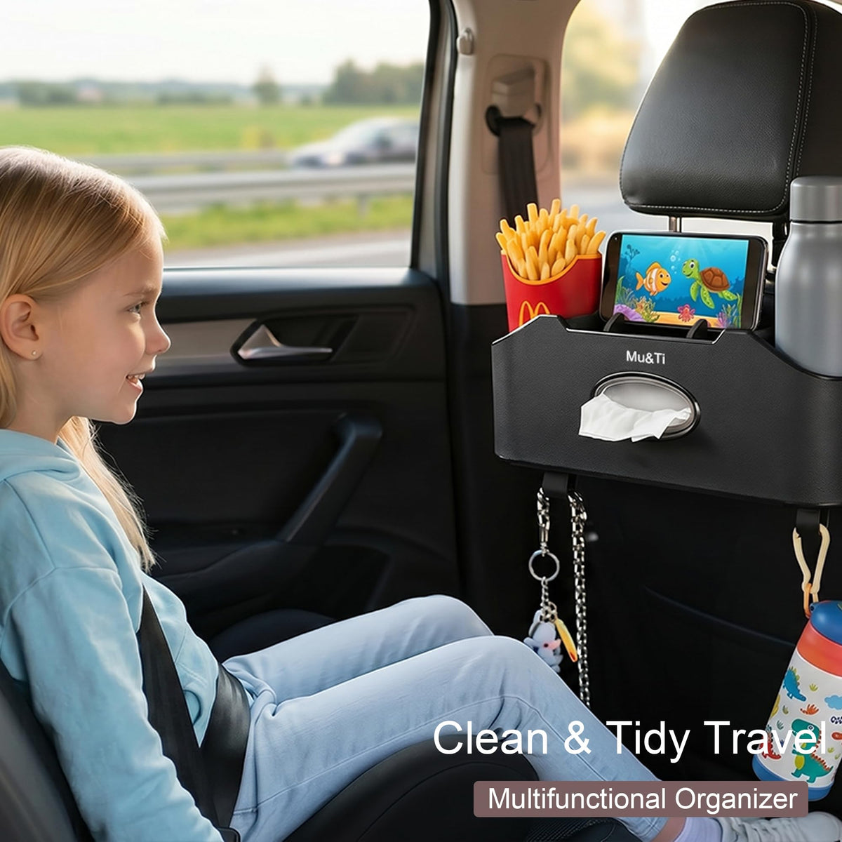 Mu&Ti tissue box pocket showing quick access to tissues for passengers