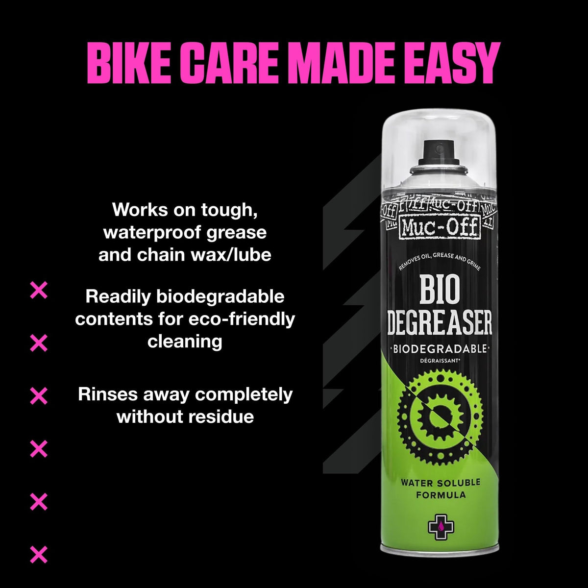 Muc-Off label close-up highlighting biodegradable formula benefit