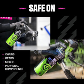Muc-Off being sprayed on chain showing effective grime removal benefit