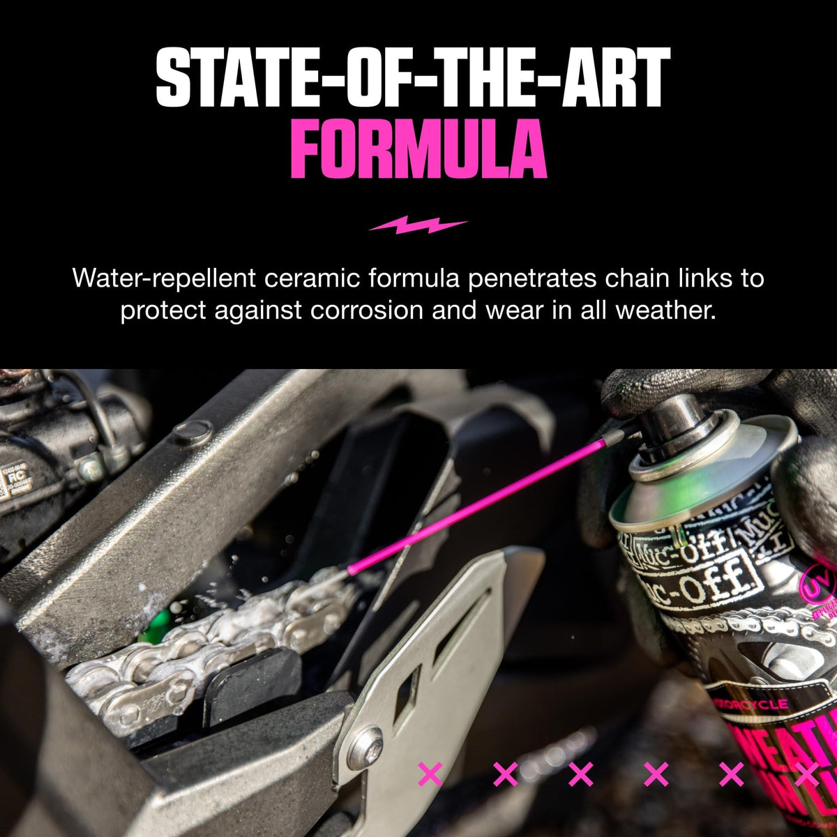 Muc-Off being applied to a motorcycle chain for long-lasting protection