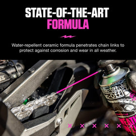 Muc-Off being applied to a motorcycle chain for long-lasting protection