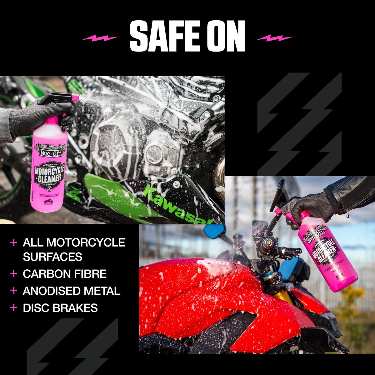 Muc-Off cleaner being applied to motorcycle showing fast grime removal