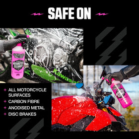 Muc-Off cleaner being applied to motorcycle showing fast grime removal