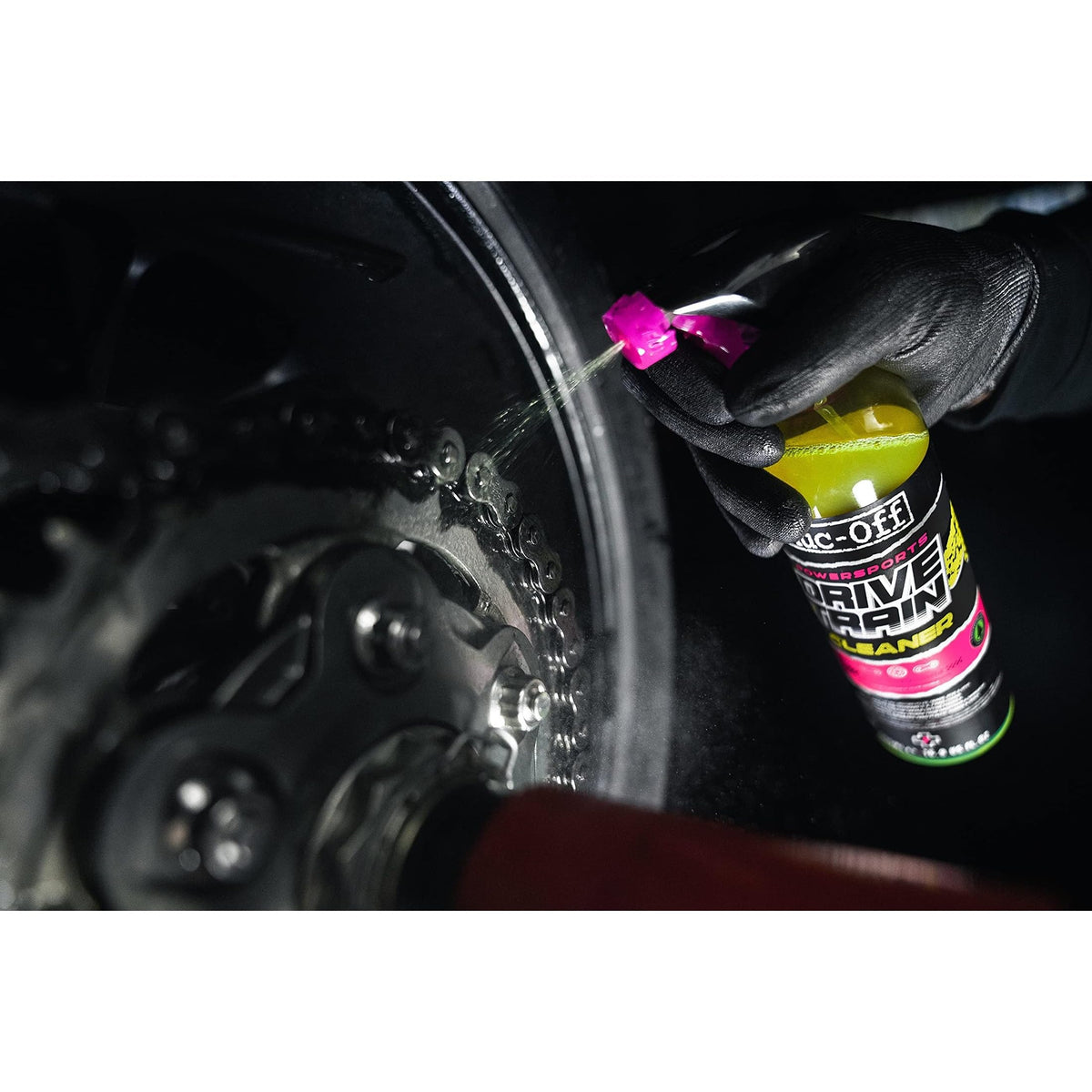 Muc-Off close-up foam on chain showing grease lift and visual cleaning