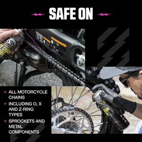 Muc-Off being applied to a motorcycle chain illustrating easy maintenance benefit