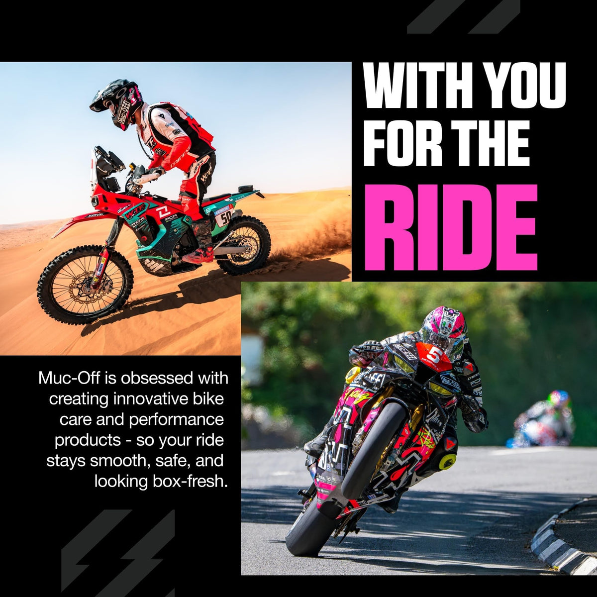 Muc-Off in a garage setting with a clean motorcycle for lifestyle appeal
