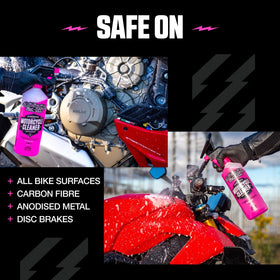 Muc-Off being sprayed on motorcycle frame removing grime quickly